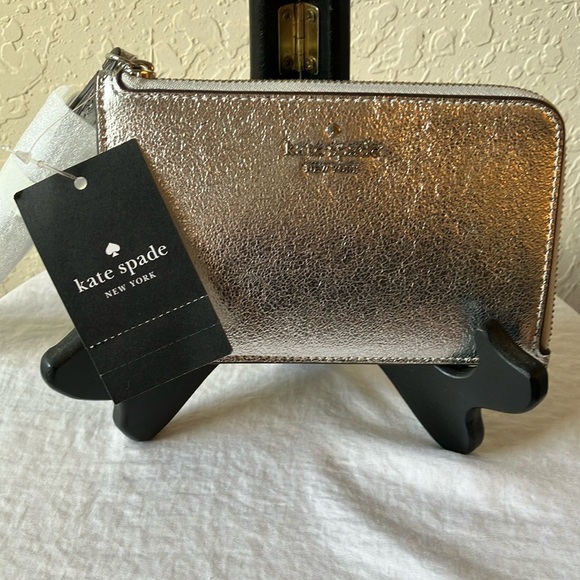 Kate Spade: Small Lucy leather zip wristlet- Silver Tone- metallic silver - Picture 1 of 13